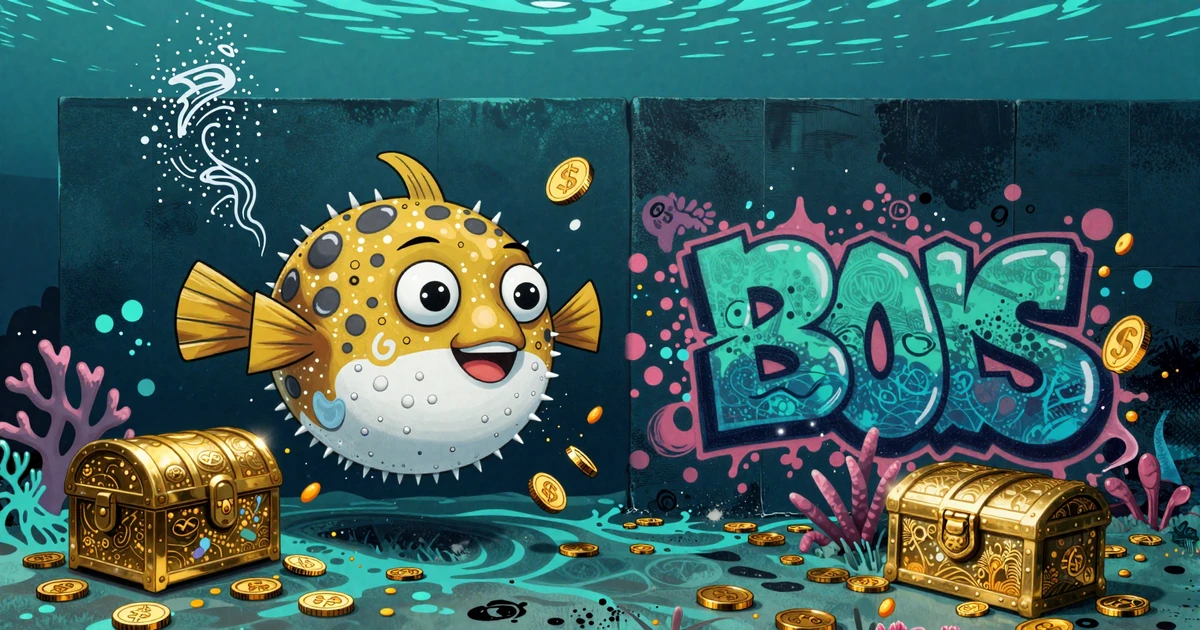Graffiti Pufferfish-Maskottchen von Fugu Casino mit Goldschatullen und Spr&uuml;hfarben-Coral im Unterwasser-Street-Art-Stil