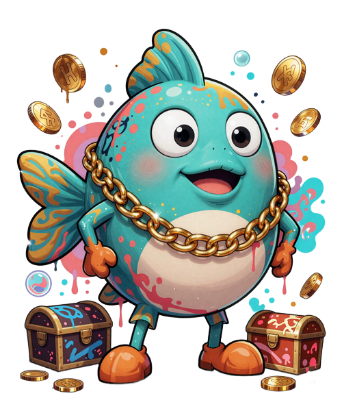 Graffiti Pufferfish-Maskottchen von Fugu Casino mit Bitcoin- und Ethereum-M&uuml;nzen vor Goldschatullen im Unterwasser-Street-Art-Stil